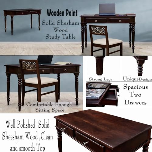 Image of Solid Sheesham Wood Two Drawer Study Table with Chair | Students Reading & Writing Table | Laptop & Work from Home Table (Dark Walnut)