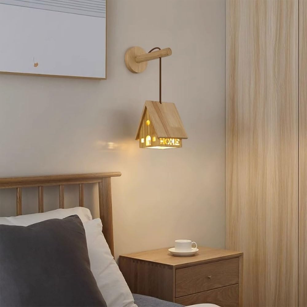 Creative Nordic Wooden House Wall Sconce,Cute Modern Cutout Wall Light Fixture, Natural Wood Home Shape Bedside Wall Lamp for Kids Room, Nursery, Bedroom, Living Room Decor Parlor