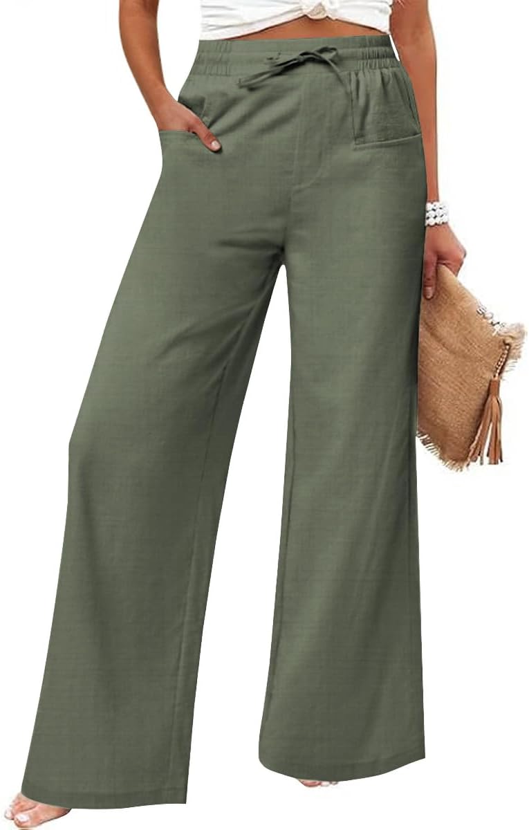 Women's Casual Linen Wide Leg Pants with Pockets Boho Palazzo High Waisted Drawstring Lounge Trousers