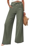 JEKAOYI Women's Casual Linen Wide Leg Pants with Pockets Boho Palazzo High Waisted Drawstring Lounge Trousers