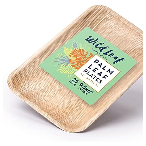 Wild Leaf Tableware Rectangular Palm Leaf Plates 9.5 x 6 Inch / 25 Pack. Natural, Eco-friendly, Plastic-Free Disposable Party Pack Cover