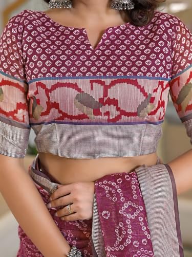 Image of Satrani Women's Linen Printed & Embroidery Ready To Wear Saree with Unstitched Blouse Piece
