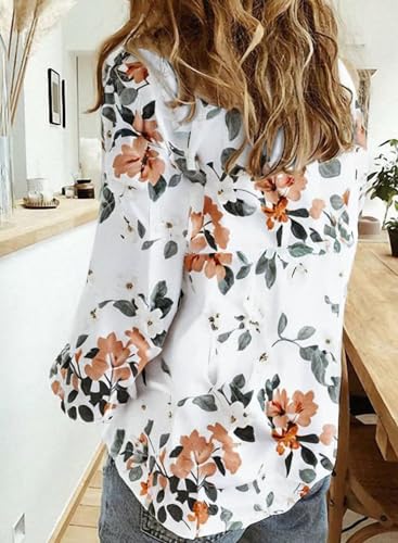 Astylish Women V Neck Roll Up Sleeve Floral Print Shirts Blouses Summer Linen Tops for Teen Girls White Large - Thumbnail 2