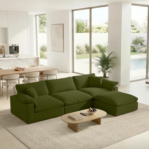 Image of Modular Sectional Sofa Cloud Couch,Down Filled Comfy Cloud Modern Sofa,Green Linen L Shape Oversized Couch Cushion Covers Removable Furniture for Living Room