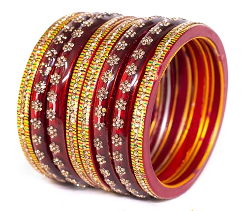 Image of Swara Creations Lah /Lac bangles red color Set, LAHTHI Churi Kundan work for Women and Girls(8 pcs)