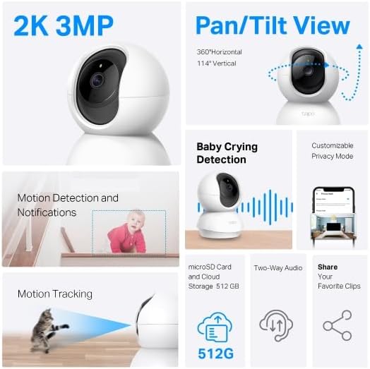 Tapo 2K Pan/Tilt Security Camera for Baby Monitor, Dog Camera w/Motion Detection, 2-Way Audio Siren, Night Vision, Cloud&SD Card Storage, Works w/Alexa & Google Assistant, 2-Pack (Tapo C210P2) - Image 3