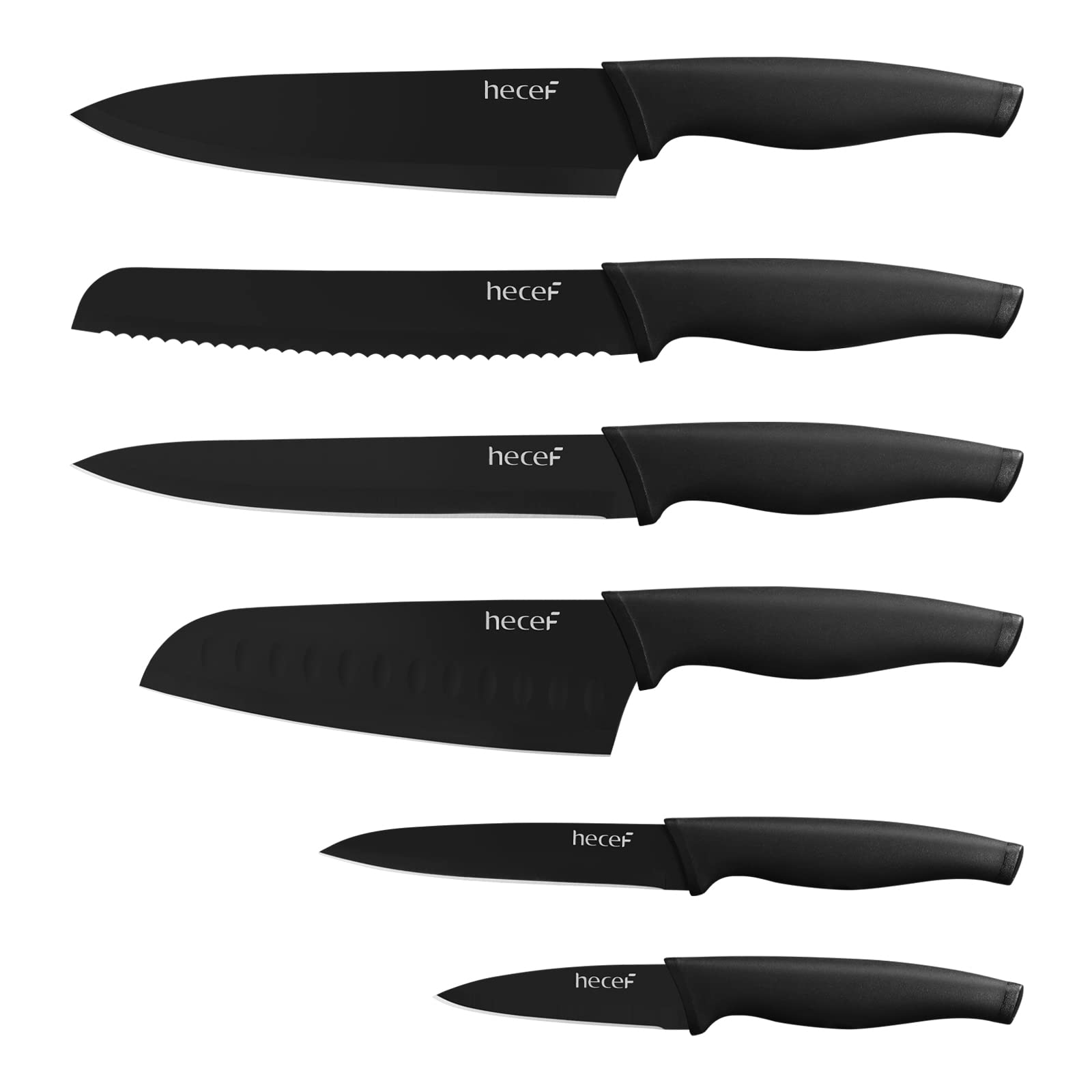 hecef Couteau Cuisine Professionnelle, 6 Pièces Set Couteaux de Cuisine Noirs en Acier Inoxydable à Haute Résistance, avec Manch