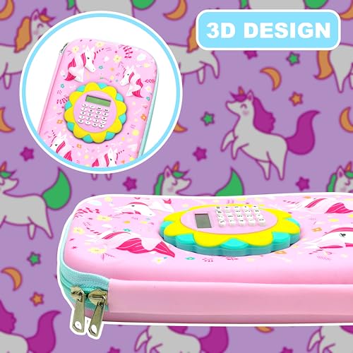 Image of VGRASSP Unicorn Theme Stationery Pencil Case for Kids with Mini Calculator - 3D EVA Zipper Pouch with Multi Storage Compartments - Fun School Stationery Organizer - Multicolor