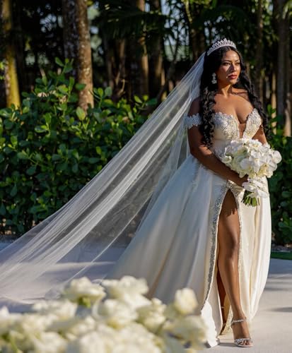 Off Shoulder Sweetheart Wedding Gown Sparkly Beaded Slit Mermaid Bridal Wedding Dress with Detachable Train3