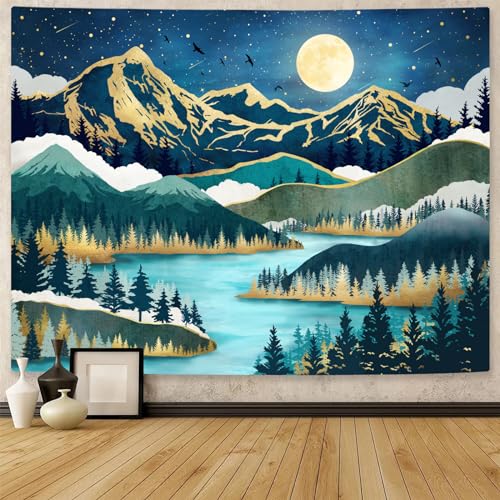 Neasow Mountain Moon Tapestry, Nature Forest Tree Lake Landscape Tapestries Star Starry Night Teal Blue Wall Decor for Home Bedroom 44×60 inch