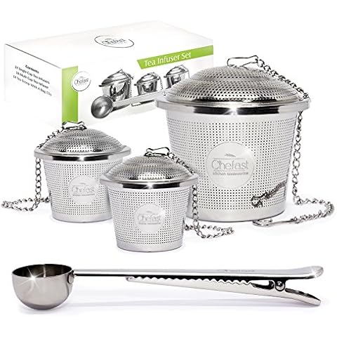Chefast Tea Infuser for Loose Tea Set 1 Large and 2 Single Infusers & Scoop with Bag Clip - Reusable Tea Strainers & Steeper, Diffusers for Brew, Tea, Spices & Seasonings. Satisfaction Guarantee Cover