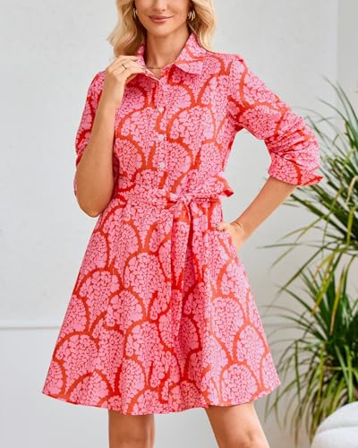 Image of Women's Printed Button Down Shirt Dress Long Sleeve Belted Mini Dress