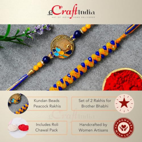 Image of eCraftIndia Set of 2 Kundan Beads Beautiful Peacock Designer Rakhis with Roli Chawal Pack