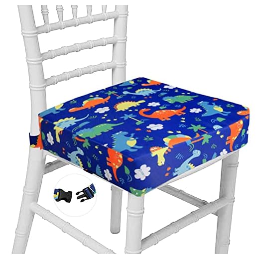 Taeku Asiento Elevador, Desmontable Sillas Gruesas Cojín Elevador Niños con Hebillas Seguridad Doble Correas para Mesa de Comedor (Dinosaurio Azul)