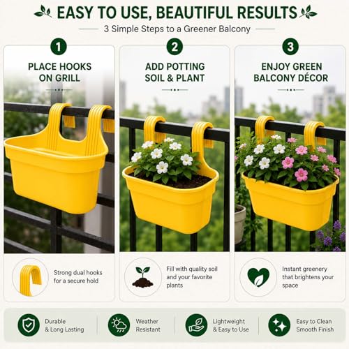 Image of Go Hooked 12 Inch Plastic Railing Hanging Planter Pot Set of 10 | Rectangular Flower Pots with Double Hook for Garden Fence Balcony Indoor Outdoor Home Decor | Durable Plant Container (Yellow)