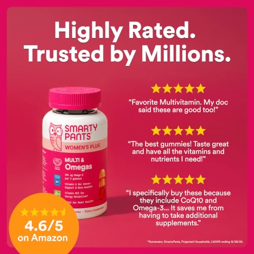 Image of SmartyPants Women's Multivitamin Gummies, Omega 3 DHA /EPA, Methylfolate, CoQ10, Vitamin D3, C, B12, B6, A, K, Zinc, Three Fruit Flavors, 90 Count (30 Day Supply)