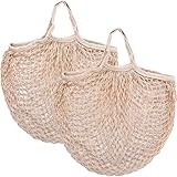 Eslazoer [2 pack] completely Cotton string storage shopping bags, Ecology Reusable and washable mesh grocery bag, Portable short handle net tote beige