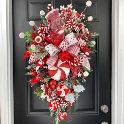 Christmas Candy Cane Wreath for Front Door - Red and White Teardrop Holiday Decor with Ball Ornaments, Indoor Outdoor Christmas Garland for Stairway, Home & Party Decorations