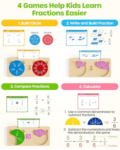 Image of D-FantiX Wooden Fraction Educational Puzzle, Wood Fraction Tiles & Fraction Circles Set, Math Manipulatives for Elementary School, Montessori Fraction Manipulatives Games Learning Toys for Kids