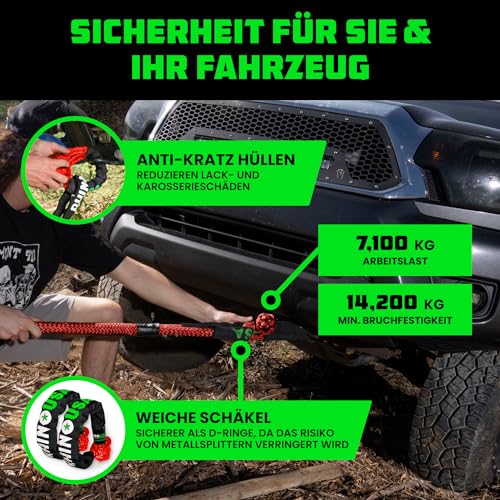 Rhino USA Kinetisches Seil Bergungssatz 13,000kg (2.2cm x 9m) - Schwerlast Offroad Schnappriemen - Abschleppseil elastisch Bergeseil - Set enthält 2 weiche Schäkel für LKW Auto Traktor - Rot