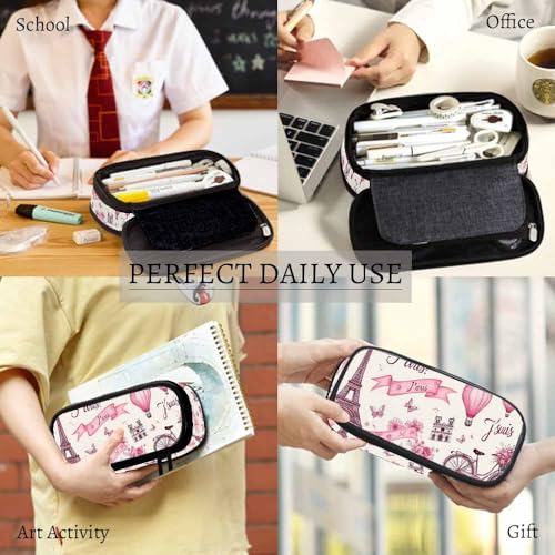 Image of Yekiua Paris Symbols Eiffel Tower Pen Bag Balloon Bike Romantic Travel Vintage Large Pencil Case Big Capacity Pencil Pouch Pencil Holder
