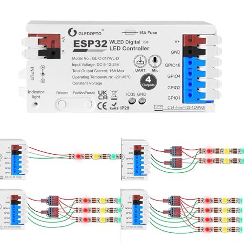 GLEDOPTO ESP32 WLED Digitaler LED Controller mit 4 Kanälen 15A Sicherung Mikrofon Sound UART DIY-FCOB Adressierbarer Lichtleiste für WS2811 WS2812 SK6812 TM1814 WS2813 WS2815 (GL-C-017WL-D)