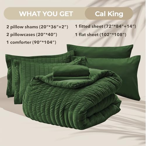 Image of HYMOKEGE Dark Green California King Comforter Set Seersucker 7 Pieces, All Season Luxury Bed in a Bag Queen for Bedroom, Bedding Set with Comforter, Sheets, Pillowcases & Shams