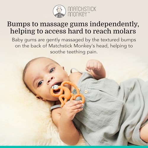 Image of Matchstick Monkey Infant, Antimicrobial Silicone Teether, Easy to Grip, Bpa Free, 3 Months Old+, 10 Cm, Easy to Hold & Naturally Fits in Mouth, Stimulates and Massages Sore Gums, Orange Mini Monkey