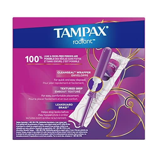 Image of Tampax Radiant Tampons for Women Multipack,with LeakGuard Braid,Regular /Super /Super Plus Absorbency,Unscented,112 Count (Pack of 2)