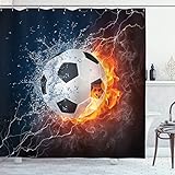 Ambesonne Sports Decor Collection, Soccer Ball on Fire and Water Flame Splashing Thunder Lightning Abstract Image, Polyester Fabric Bathroom Shower Curtain Set with Hooks, Orange Navy White