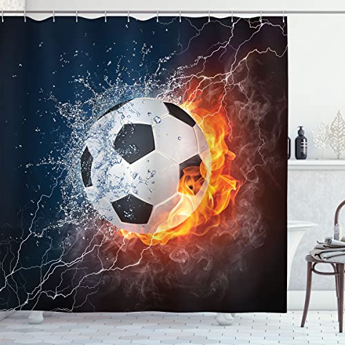 Ambesonne Sports Shower Curtain, Soccer Ball and Water Splashing Thunder Strike Abstract Concept Art Design, Cloth Fabric Bathroom Decor Set with Hooks, 69