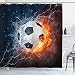 Ambesonne Sports Decor Collection, Soccer Ball on Fire and Water Flame Splashing Thunder Lightning Abstract Image, Polyester Fabric Bathroom Shower Curtain Set with Hooks, Orange Navy White