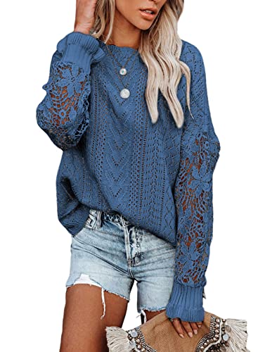 Image of Dokotoo Womens Crewneck Crochet Lace Long Sleeve Hollow Out Cable Knit Sweaters Pullover Tops
