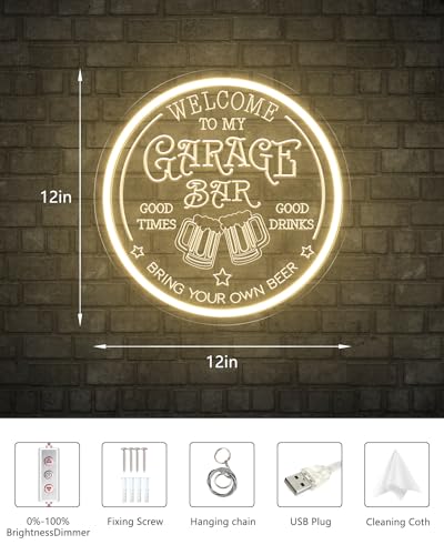 Image of Garage Bar LED Neon Sign for Wall Art Decor, Dimmable Garage Light Up Sign for Man Dad Gifts, Neon Lights Bar Signs for Home Bar Pub Man Cave Bistro Birthday Camping Party