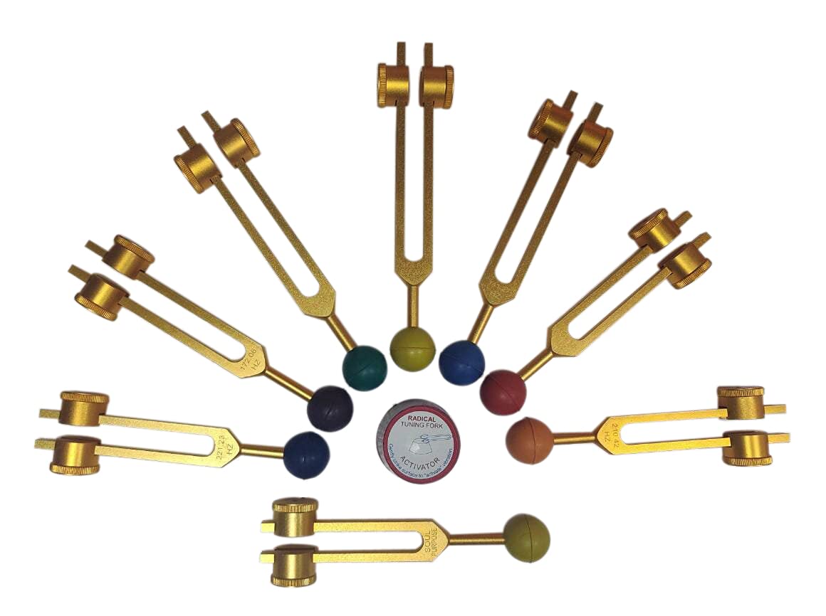 Radical Golden Radical Tuning Fork, 7 Chakras +1 Soul Purpose Weighted Tuning Forks with Chakra Color Balls Silicone Mallet Aluminum Alloy Premium Instrument (126.22 Hz, 136.1 Hz, 141.27 Hz etc.)