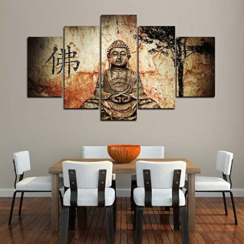Impression sur Toile Zen Buddha Five Vendeur Tableau 5 Panneaux avec Cadre 75x150cm
