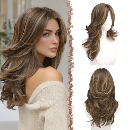 FESHFEN Peluca Largas Onduladas para Mujer Natural Pelucas de Pelo Sintética Resistente Wig para Uso Diario en Fiestas Cosplay, 50 cm Rubio Mixto Marrón