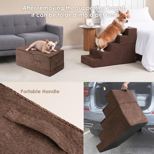 Image of EHEYCIGA Dog Stairs for High Bed 25 inch H, 5-Step Extra Wide Dog Steps for Bed, Pet Steps for Small Dogs and Cats, Non-Slip Balanced Pet Ramp Indoor, Brown