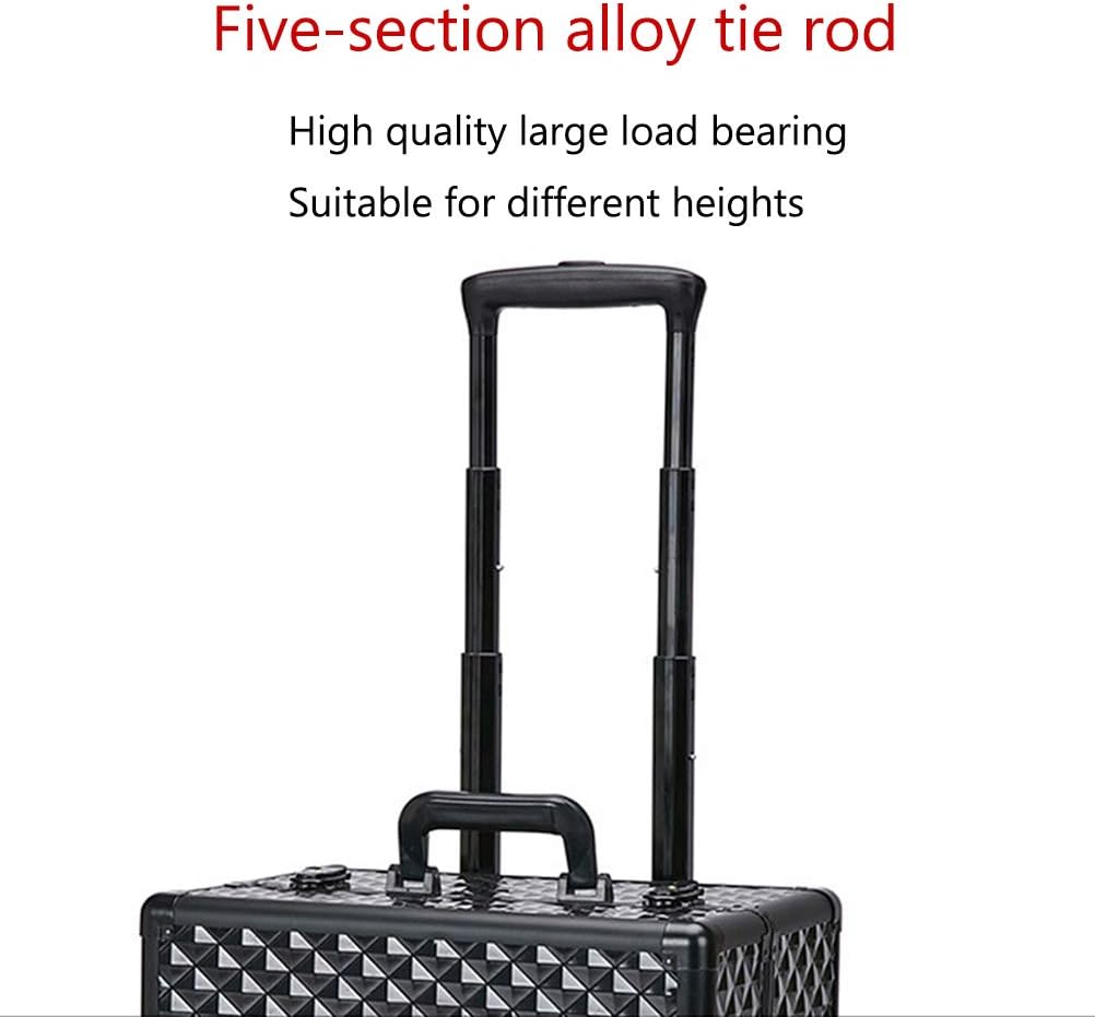 Aluminum Frame Trolley Cosmetic case Diamond Pattern High capacity with 4 Removable Universal Wheels Cosmetic Box,4 (2)