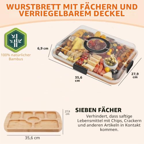 ERNAN Käsebrett mit Deckel für Partys Reisen, Servierplatte mit Fächern Griff für Snacks Fleisch Dessert, Käsebrett aus mit Messer Set, Charcuterie Board Platte Käseplatte (6 Compartments C) – Bild 2
