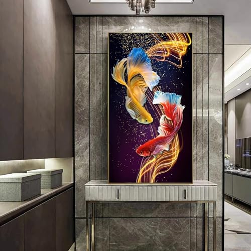 Peinture sur toile poisson rouge et lignes dorées nordiques de luxe 25x50cm