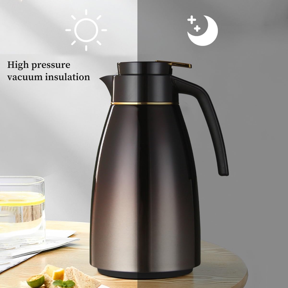 GIZNXBA Caraffa Termica 1,6 Litri, Caraffa di caffè in Acciaio Inox Isolata Termica, Caraffe di caffè A Fiaschetta Sottovuoto per Mantenere Liquidi Caldi E Freddi(/Brown)