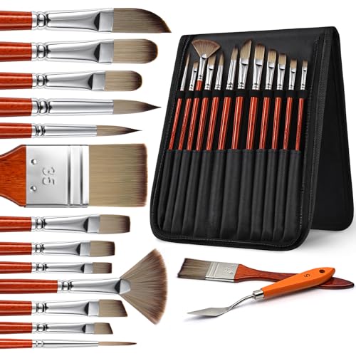 Image of 14pcs Acrylic Paint Brushes, Professional Synthetic Bristles Paint Brush Set with Extra Palette Knife - Flat, Filbert, Fan, Dagger, Round, Angle, Rigger Paint Brushes for Oil, Acrylic Canvas Paintings