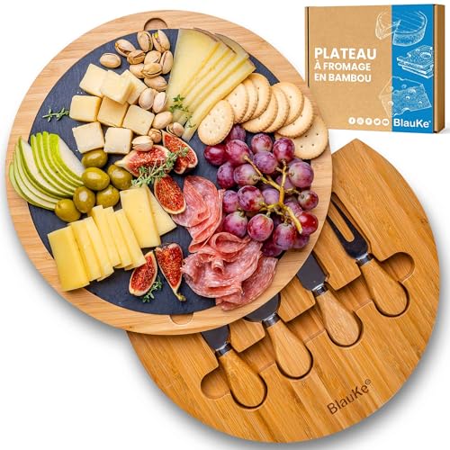 Plateau à Fromages en Bois avec Couteaux à Fromage et Ardoise Amovible – Plateau à Fromage en Bambou Tournant Rotatif Pivotant pour 2-3 Personnes – Excellente Idée Cadeau – BlauKe