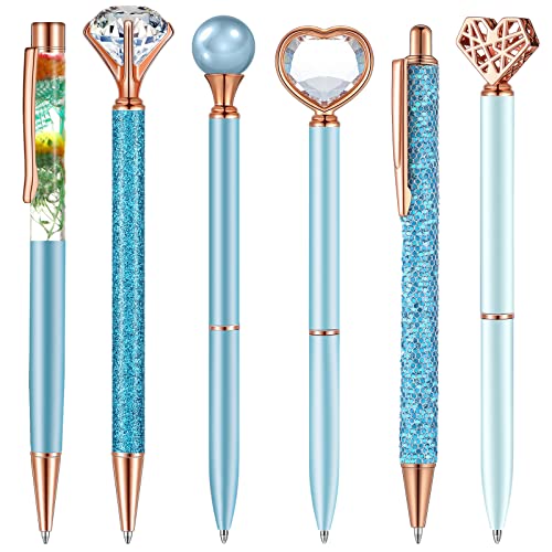 6 Pcs Ballpoint Pen Set Include Crystal Diamond Pen Slim Metal Ballpoint Pens Black Ink Stylus Pen Liquid Sand Pen Retractable Glitter Pen for Office School Gifts Wedding Party Supplies (Blue)