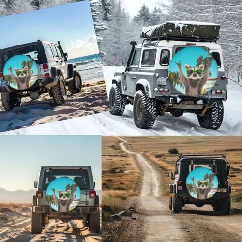 Image of 80s Raccoon Spare Tire Cover for Rv Trailer Camper Truck SUV - Cute Raccoon Animal Wheel Protectors Cover Waterproof Fabric for Travel Camping Outdoor,Universal Fit,16 inch