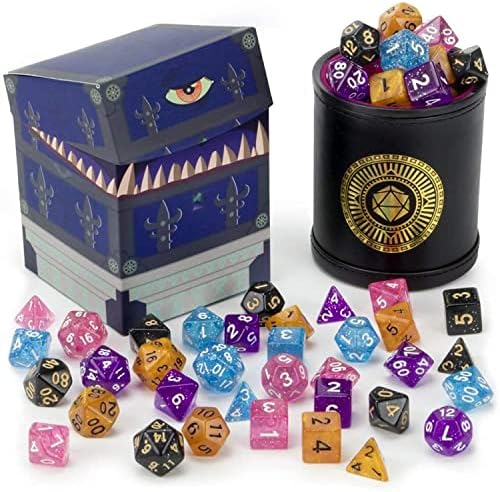 Wiz Dice Cup of Wonder - 35 Polyhedral DND Dice & Dice Shaker Cup & Box for Storage (5 Set of 7 Unique Colors) -Polyhedral Role Playing Dice in Unique Colors - DND Accessories for TTRPG Dice Games