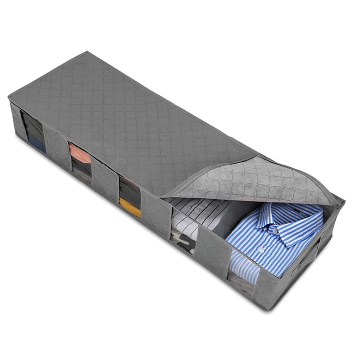 Caja organizadora para ropa debajo de la cama y estantes en dormitorios ordenados