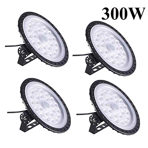 300W UFO LED High Bay Light lamp Factory Warehouse Iluminación industrial 10000 Lumen 6000-6500K IP65 Warehouse Luces LED Iluminación comercial Bay para garaje Factory Workshop Gym (300W, 4 pieza)