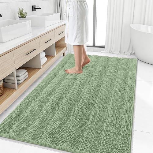 Image of Smiry Thick Chenille Large Bathroom Rugs 50x30, Extra Soft Absorbent Striped Bath Mat, Machine Washable, Rubber Backing, Bath Rugs for Bathroom, Tub & Shower, Home Decor Accessories, Sage Green